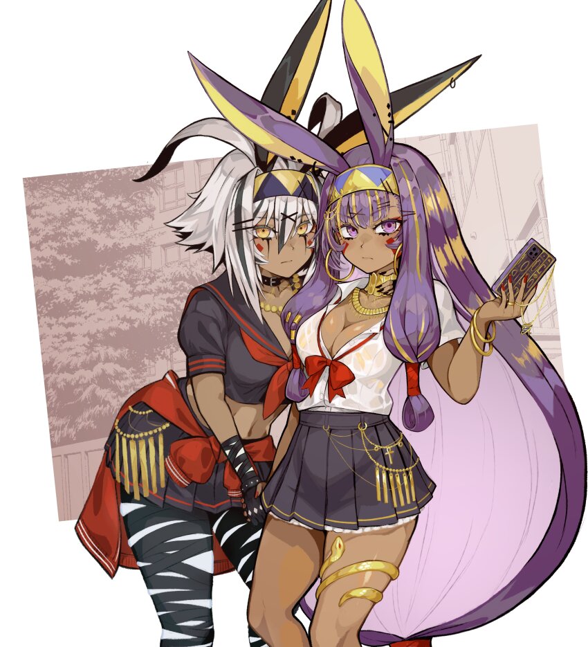 2girls absurdres alternate_costume ancient_egyptian animal_ears ankh antenna_hair black_bandages black_gloves black_hair bow breasts cellphone chain cleavage clothes_around_waist colored_inner_hair dark-skinned_female dark_skin discat earrings facepaint facial_mark fate/grand_order fate_(series) gloves glowing_skin hair_ornament hairband hairclip headband highres hoop_earrings jackal_ears jacket jacket_around_waist jewelry long_hair medium_breasts midriff multicolored_hair multiple_girls navel necklace nitocris_(fate) nitocris_alter_(fate) phone purple_eyes purple_hair red_bow red_nails sailor_collar shirt short_hair sidelocks skirt smartphone streaked_hair thigh_strap very_long_ears white_hair white_shirt yellow_eyes