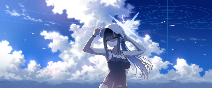 1girl animal bird black_hair black_one-piece_swimsuit blue_archive blue_eyes blue_halo breasts cleavage cloud cloudy_sky day halo hat highres long_hair medium_breasts miyoshi_nao_(miyoshist) official_alternate_costume one-piece_swimsuit open_mouth outdoors ponytail saori_(blue_archive) saori_(swimsuit)_(blue_archive) sky solo swimsuit upper_body white_hat