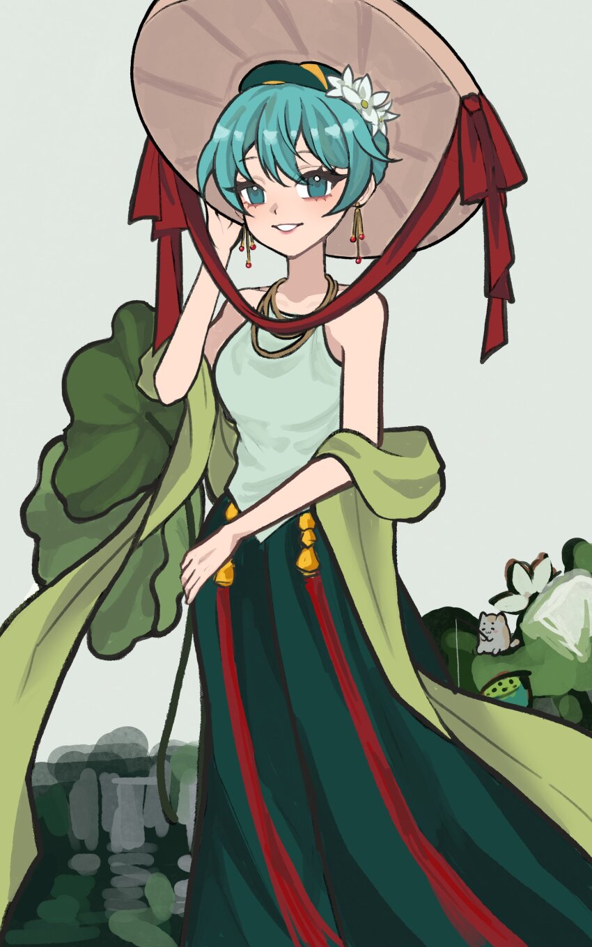 1girl absurdres aqua_eyes aqua_hair code_xiayu earrings flower green_theme hair_flower hair_ornament hat hatsune_miku highres jewelry looking_at_viewer lotus lotus_leaf lotus_pod makeup mascara necklace red_ribbon ribbon rice_hat simple_background sleeveless smile solo stole updo vietnam vietnamese_clothes vocaloid worldwide_miku