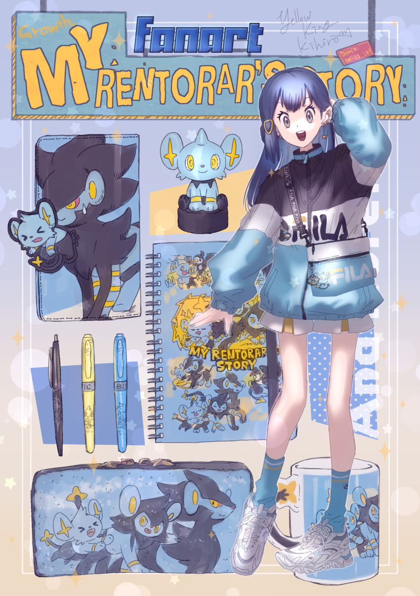 1girl absurdres bag blue_hair blue_nails blue_socks cup dawn_(pokemon) earrings english_text evolutionary_line eyelashes figure fingernails full_body gen_4_pokemon grey_eyes hair_ornament hairclip handbag highres jewelry lanyard long_hair long_sleeves looking_at_viewer luxio luxray merchandise mug nintendo notebook open_mouth pen pokemon pokemon_(creature) pokemon_dppt puffy_sleeves shinx shoes signature sneakers socks solo teeth upper_teeth_only white_shoes yellowking_hiro