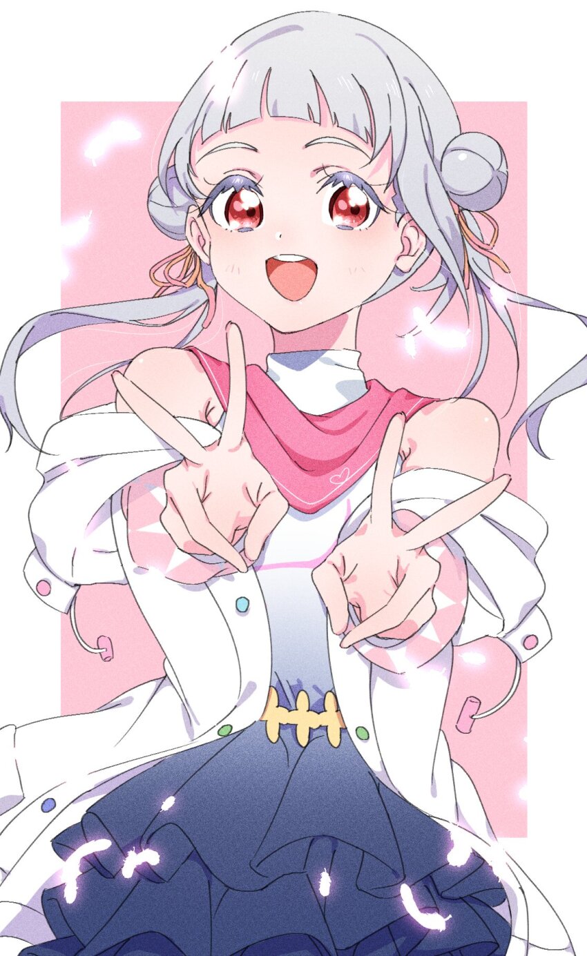 1girl arashi_chisato blue_dress blunt_bangs border double_bun double_v dress eyelashes frilled_dress frills gradient_clothes gradient_dress hair_bun hajimari_wa_kimi_no_sora highres jacket long_hair looking_at_viewer love_live! love_live!_superstar!! off_shoulder open_mouth outside_border pink_background red_eyes solo standing teeth twintails upper_body upper_teeth_only v white_border white_dress white_hair white_jacket ykepouty