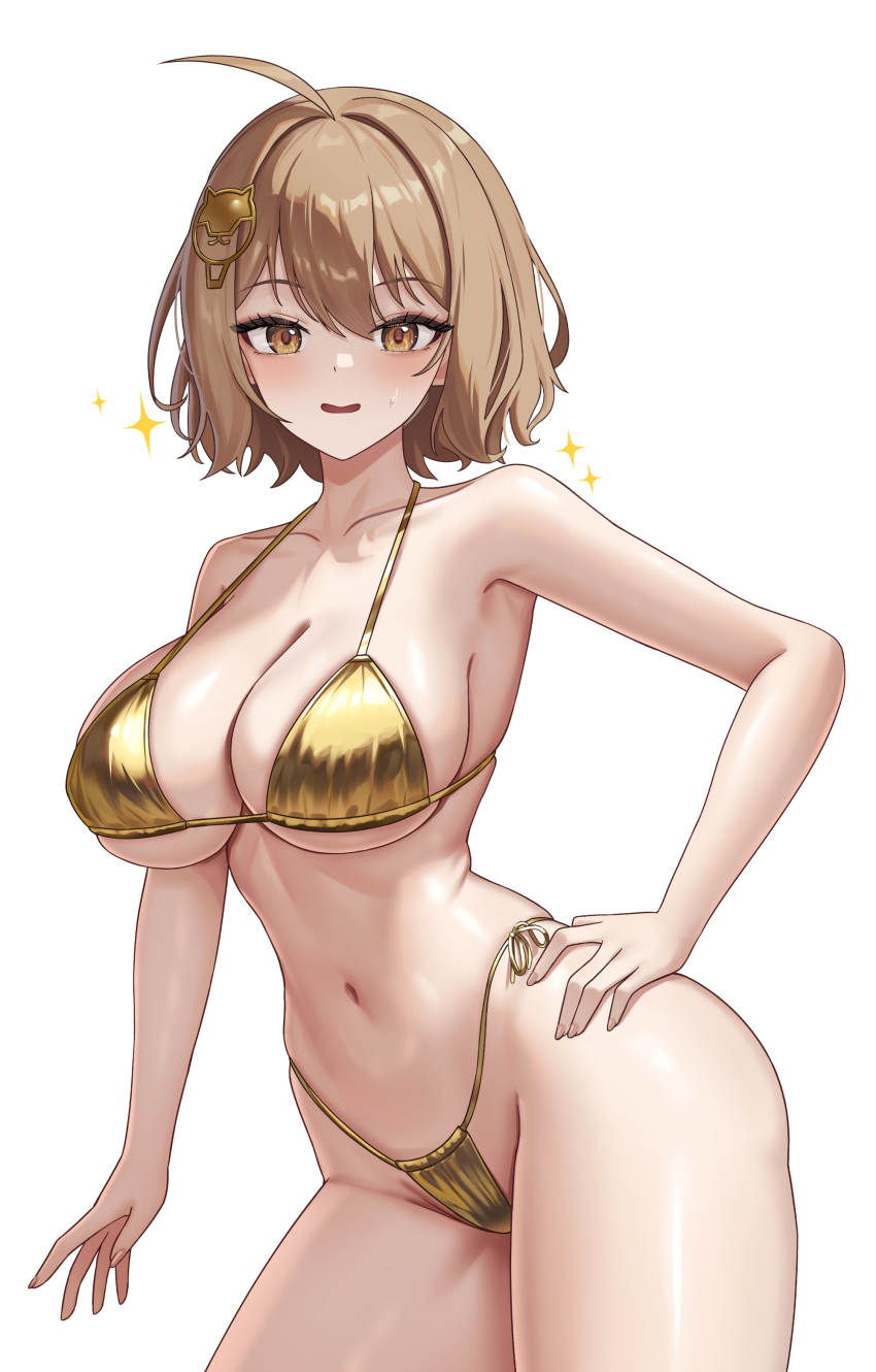 1girl absurdres alternate_costume anis_(nikke) bikini blush breasts brown_eyes brown_hair cleavage collarbone goddess_of_victory:_nikke golden_week golden_week_bikini hair_ornament hand_on_own_hip highres large_breasts looking_at_viewer navel open_mouth short_hair side-tie_bikini_bottom sideboob simple_background smile solo stomach subob_(subobdesu) swimsuit underboob white_background