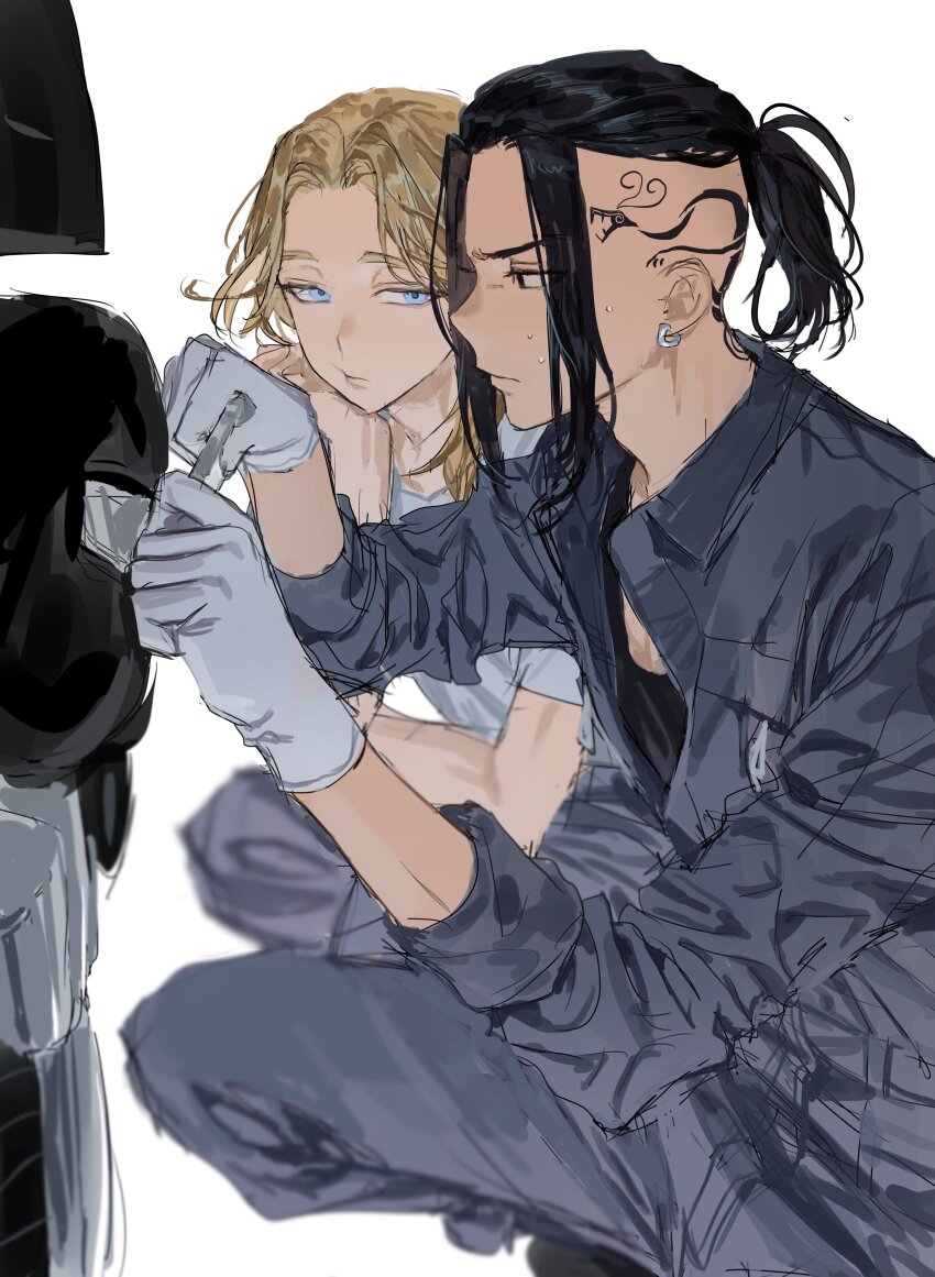 2boys absurdres black_eyes black_hair blonde_hair blue_eyes chamuring closed_mouth ear_piercing engineer from_side gloves grey_jacket grey_pants hand_on_own_chin head_rest head_tattoo highres holding_tool inui_seishu jacket light_frown looking_at_another looking_at_object male_focus medium_hair multiple_boys pants parted_bangs piercing ponytail ryuuguuji_ken shirt short_ponytail short_sleeves simple_background sketch squatting sweatdrop tokyo_revengers undercut upper_body white_gloves white_shirt