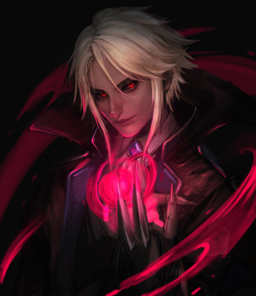 1boy ascot black_sclera blonde_hair blood collared_shirt colored_sclera fingernails hemokinesis highres jacket league_of_legends light_smile looking_at_viewer magic male_focus medium_hair nyaamen_fork red_eyes red_jacket sharp_fingernails shirt sidelocks solo upper_body vladimir_(league_of_legends) white_ascot white_shirt