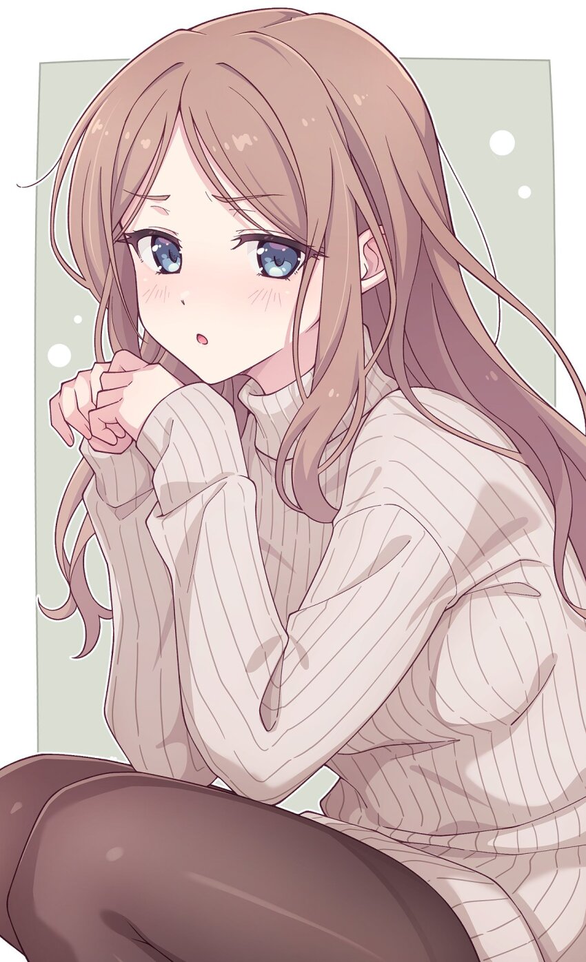 1girl bang_dream! bang_dream!_it&#039;s_mygo!!!!! black_thighhighs blue_eyes blush border brown_hair commentary e20 grey_sweater hands_up highres long_hair long_sleeves nagasaki_soyo open_mouth outside_border sidelocks solo sweater thighhighs white_border