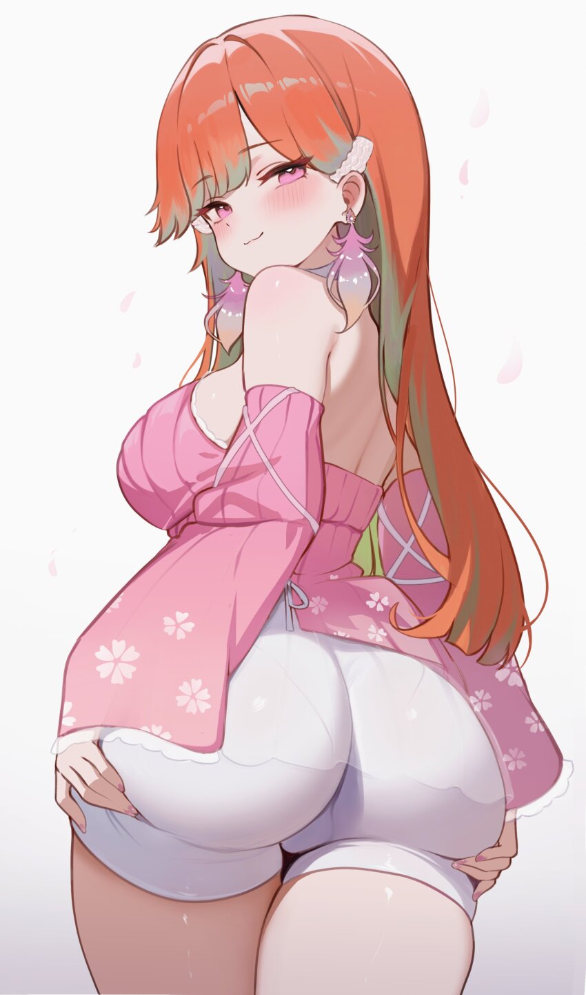 1girl absurdres ass blush breasts cherry_blossom_print closed_mouth clothes_lift dress dress_lift earrings falling_petals feather_earrings feathers floral_print from_behind gradient_hair highres hololive hololive_english huge_ass jewelry koahri large_breasts looking_back multicolored_hair off-shoulder_dress off_shoulder official_alternate_costume official_alternate_hairstyle orange_hair perfume_(takanashi_kiara) petals pink_dress pink_eyes pink_nails short_dress shorts simple_background solo straight_hair takanashi_kiara virtual_youtuber white_background white_shorts