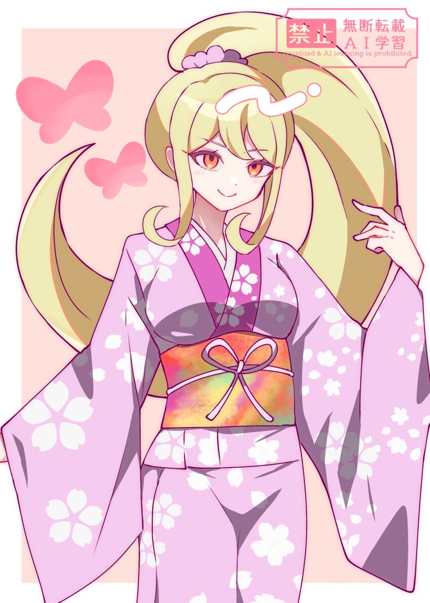 1girl blonde_hair border danganronpa_(series) danganronpa_2:_goodbye_despair high_ponytail highres japanese_clothes kimono long_hair pink_background ponytail purple_kimono saionji_hiyoko simple_background solo todoroki_gk2 very_long_hair white_border