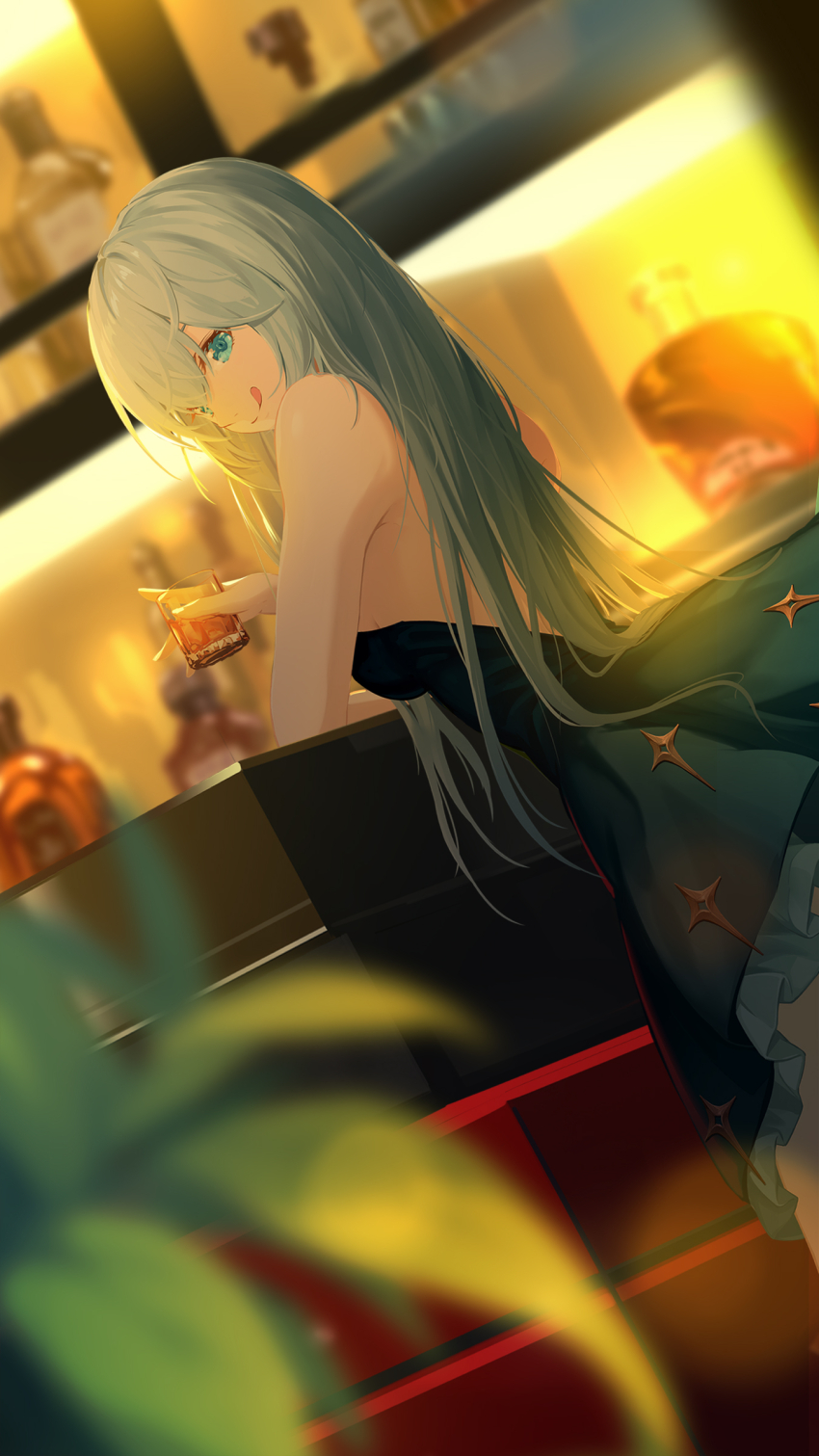 1girl absurdres alcohol bar_(place) bottle counter cup double-parted_bangs dress drinking_glass eiyuu_densetsu green_eyes hair_between_eyes highres holding holding_cup indoors kai_no_kiseki kuro_no_kiseki_(series) lancefate long_hair looking_at_viewer mixed-language_commentary plant potted_plant shelf shizuna_rem_misurugi smile solo tongue tongue_out whiskey white_hair wine_bottle