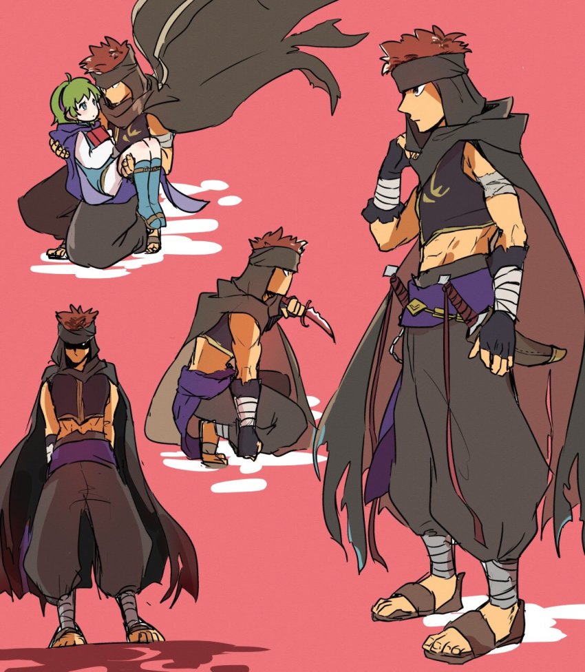 1boy 1girl bandages blue_eyes cape couple fingerless_gloves fire_emblem fire_emblem:_the_blazing_blade gloves green_hair hairband hetero highres hoshigaki_(hsa16g) jaffar_(fire_emblem) nino_(fire_emblem) nintendo red_eyes red_hair short_hair skirt smile