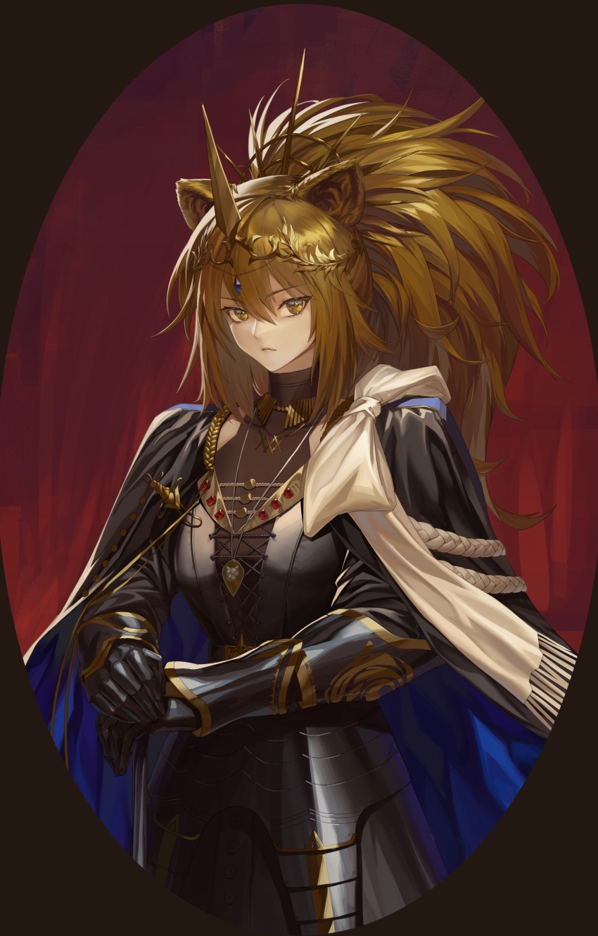 1girl absurdres alphax animal_ears arknights armor black_armor black_border black_cape blonde_hair blue_cape border cape covered_collarbone cuirass fake_horns gauntlets gold_tiara gold_trim high_ponytail highres horned_headwear horned_tiara horns jewelry lion_ears lion_girl looking_at_viewer pendant ponytail red_background siege_(arknights) solo tiara two-sided_cape two-sided_fabric upper_body vina_victoria_(arknights) yellow_eyes