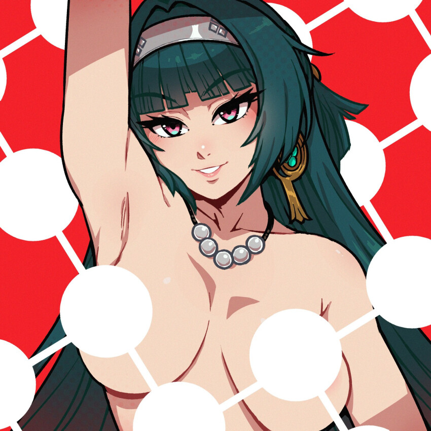 1girl akairiot armpit_crease armpits astra_yao blunt_bangs breasts collarbone commentary english_commentary hairband headband highres large_breasts long_hair looking_at_viewer open_mouth smile solo topless_female uneven_bangs white_hairband white_headband zenless_zone_zero