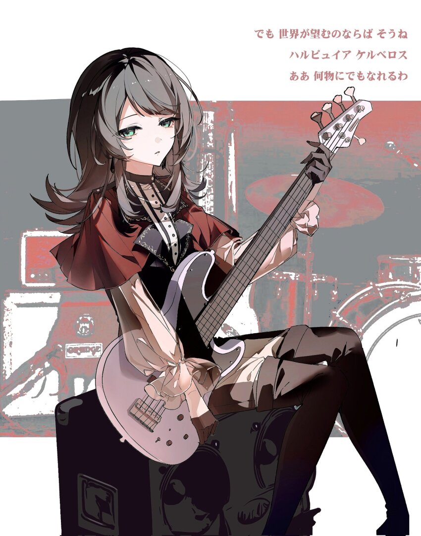 1girl 5-string_bass_guitar amplifier bang_dream! bang_dream!_it&#039;s_mygo!!!!! black_bow black_gloves black_hair black_pantyhose blue_eyes boots bow cape commentary commentary_request drum earrings electric_bass_guitar gloves hashtag-only_commentary highres instrument jewelry long_hair long_sleeves ninaki999 pantyhose parted_lips red_cape see-through_clothes see-through_sleeves shirt sitting solo thigh_boots timoris_(bang_dream!) white_shirt yahata_umiri