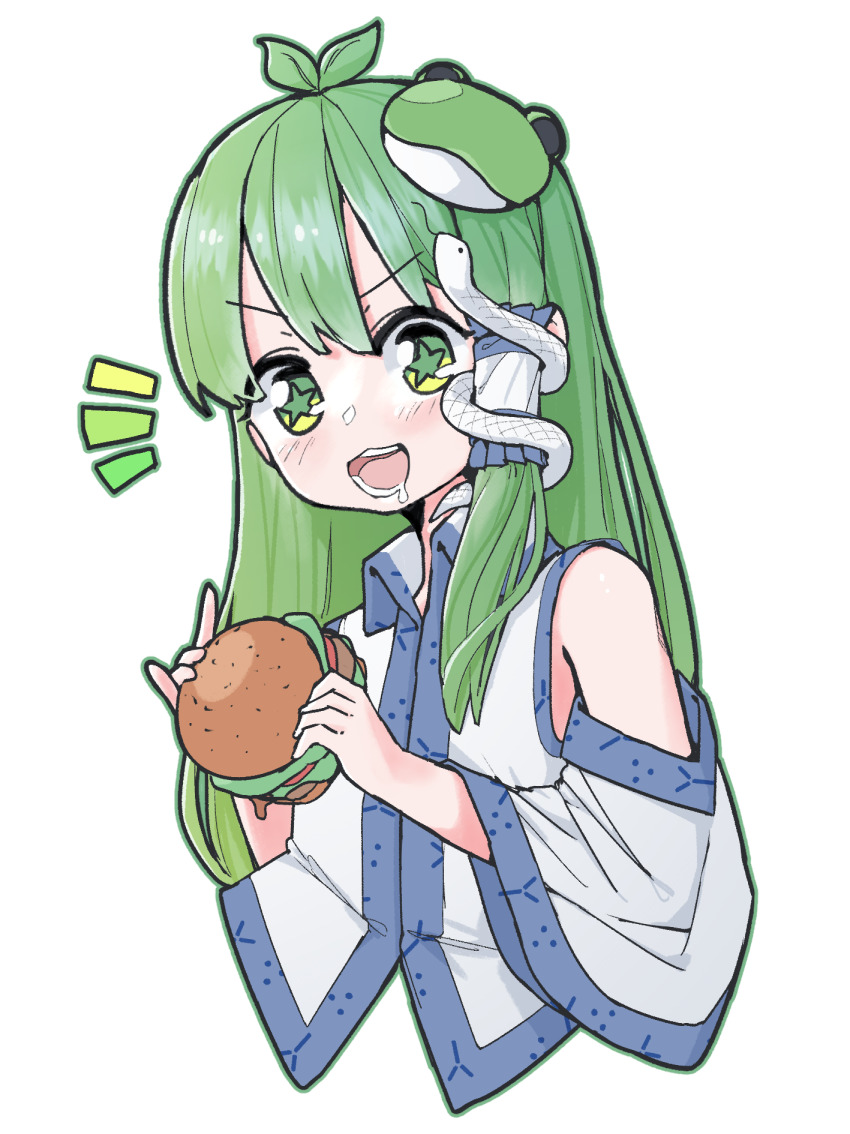1girl antenna_hair bare_shoulders blush burger collared_shirt detached_sleeves food frog_hair_ornament green_eyes green_hair hair_ornament hair_tubes highres holding holding_burger holding_food kochiya_sanae light_blush long_hair open_mouth saliva shirt simple_background single_hair_tube single_sidelock smile snake_hair_ornament solo star_(symbol) star_in_eye symbol_in_eye touhou white_background wrevhy