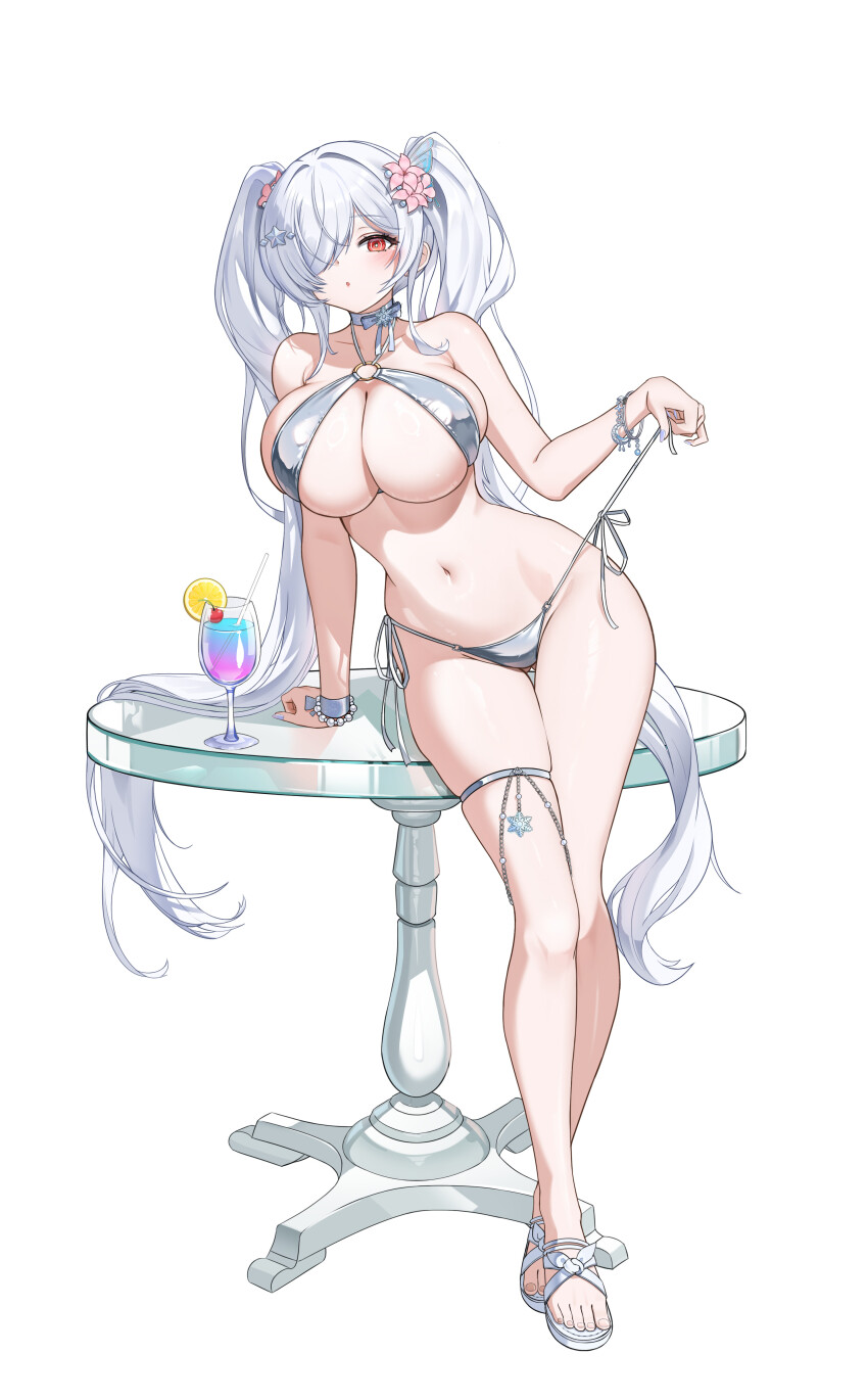 1girl absurdres b_grade bare_shoulders bikini bracelet breasts choker cinderella_(nikke) cleavage crossed_legs cup drinking_glass flower full_body goddess_of_victory:_nikke hair_flower hair_ornament hair_over_one_eye highres jacket jewelry large_breasts long_hair looking_at_viewer navel o-ring o-ring_bikini parted_lips pulling_own_clothes red_eyes sandals side-tie_bikini_bottom simple_background solo standing stomach strap_pull string_bikini swimsuit table thigh_strap thighs twintails very_long_hair watson_cross white_bikini white_choker white_hair white_jacket