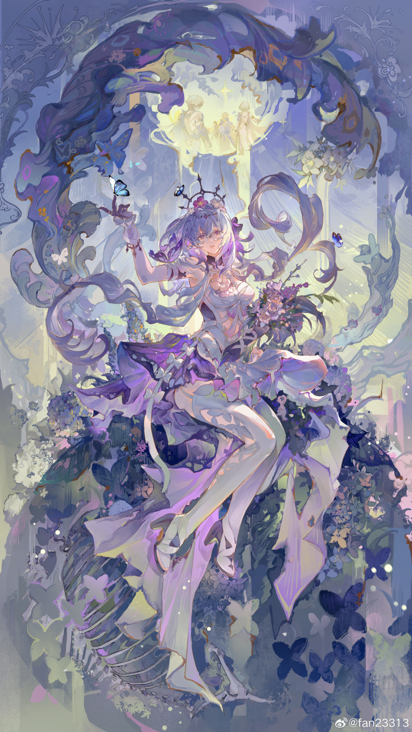 1girl absurdres bouquet breasts bright_pupils bug butterfly butterfly_on_hand castorice_(honkai:_star_rail) dress fan23313 flower full_body gloves grey_hair high_heels highres holding holding_bouquet honkai:_star_rail honkai_(series) insect long_hair looking_at_viewer pointy_ears purple_eyes purple_gloves purple_hair sitting solo thighhighs white_dress white_pupils white_thighhighs