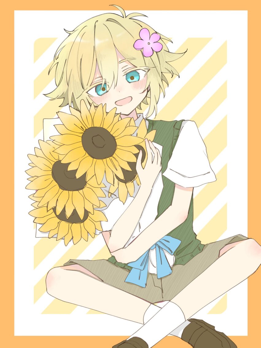 1boy antenna_hair artist_collaboration basil_(faraway)_(omori) basil_(omori) blonde_hair blue_eyes blush bouquet brown_shoes brown_shorts collared_shirt crossed_legs flower green_sweater_vest hair_flower hair_ornament hanabata0320 highres holding holding_bouquet loafers looking_at_viewer male_focus omori open_mouth shirt shoes short_hair short_sleeves shorts sitting smile socks solo sunflower sweater_vest white_shirt white_socks yuuabara