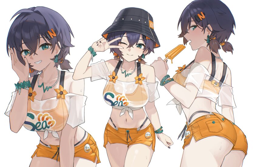 1girl absurdres ass belle_(zenless_zone_zero) blue_hair food green_eyes hair_ornament highres letter_hair_ornament navel noir_(noir_reveur) official_alternate_costume orange_shorts popsicle see-through_clothes shorts smile solo zenless_zone_zero