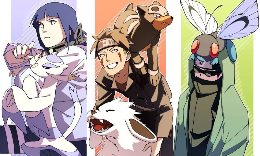 1girl 2boys absurdres aburame_shino akamaru_(naruto) black_hair black_jacket butterfree crossover dog forehead_protector gen_1_pokemon gen_2_pokemon gen_5_pokemon green_eyes green_hoodie highres hood hoodie houndour hyuuga_hinata inuzuka_kiba jacket konohagakure_symbol long_hair mienshao multiple_boys naruto_(series) naruto_shippuuden nintendo open_clothes open_hoodie pnpk_1013 pokemon pokemon_(creature) purple_hair purple_jacket short_hair sunglasses white_dog