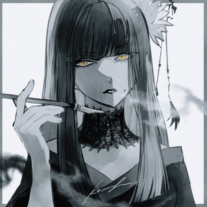 1girl border expressionless final_fantasy final_fantasy_xiv flower greyscale hair_flower hair_ornament hand_up highres holding holding_smoking_pipe hyur kiseru lace_collar long_hair mole mole_under_mouth monochrome obi outside_border portrait sash senoura_korafu signature simple_background smoke smoking smoking_pipe solo spot_color white_background yellow_eyes yotsuyu_goe_brutus