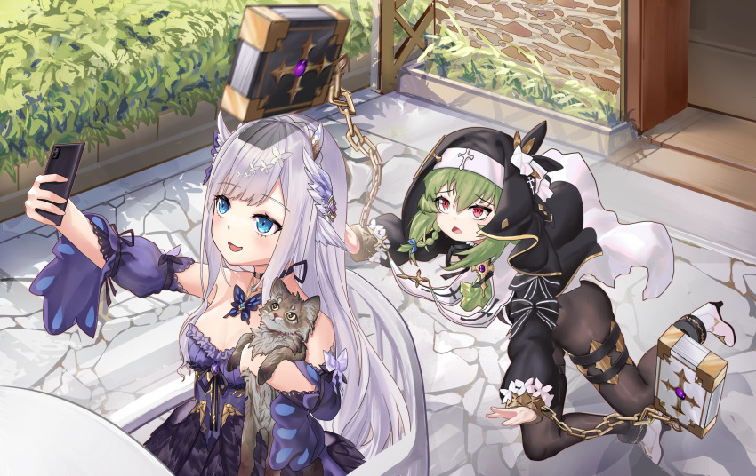 2girls absurdres accident amaba_syui animal artist_request bare_shoulders black_sleeves blue_eyes bodystocking book bow breasts butterfly_ornament cat cellphone chain cleavage clumsy commission cross detached_sleeves dress fallen_down falling_books floating green_hair grey_hair hair_ornament head_wings high_heels highres holding holding_animal holding_cat holding_phone huanxiang_koudai_meow indie_virtual_youtuber long_hair long_sleeves looking_at_another medium_breasts motion_blur multiple_girls nun open_mouth original outdoors outstretched_arms phone puffy_sleeves purple_dress raised_inner_eyebrows red_eyes second-party_source selfie sitting smartphone smile thigh_strap tripping veil virtual_youtuber wings