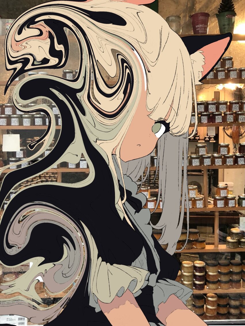 1girl animal_ears black_dress blonde_hair cat_ears dress expressionless green_eyes highres long_hair looking_at_viewer maid mochu_(aoishikabane) original parted_lips photo_background short_sleeves sidelocks solo swirl tan upper_body