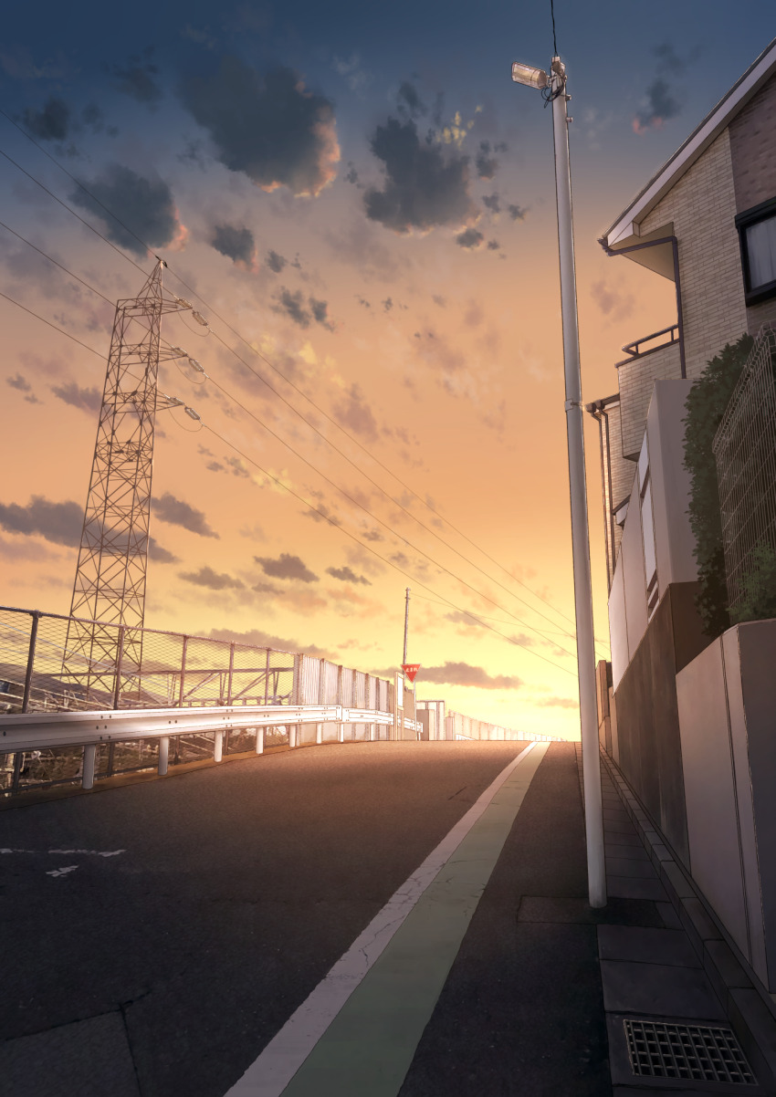 anyotete building chain-link_fence cloud fence guard_rail highres house no_humans orange_sky original outdoors power_lines road scenery sky street sunset transmission_tower utility_pole
