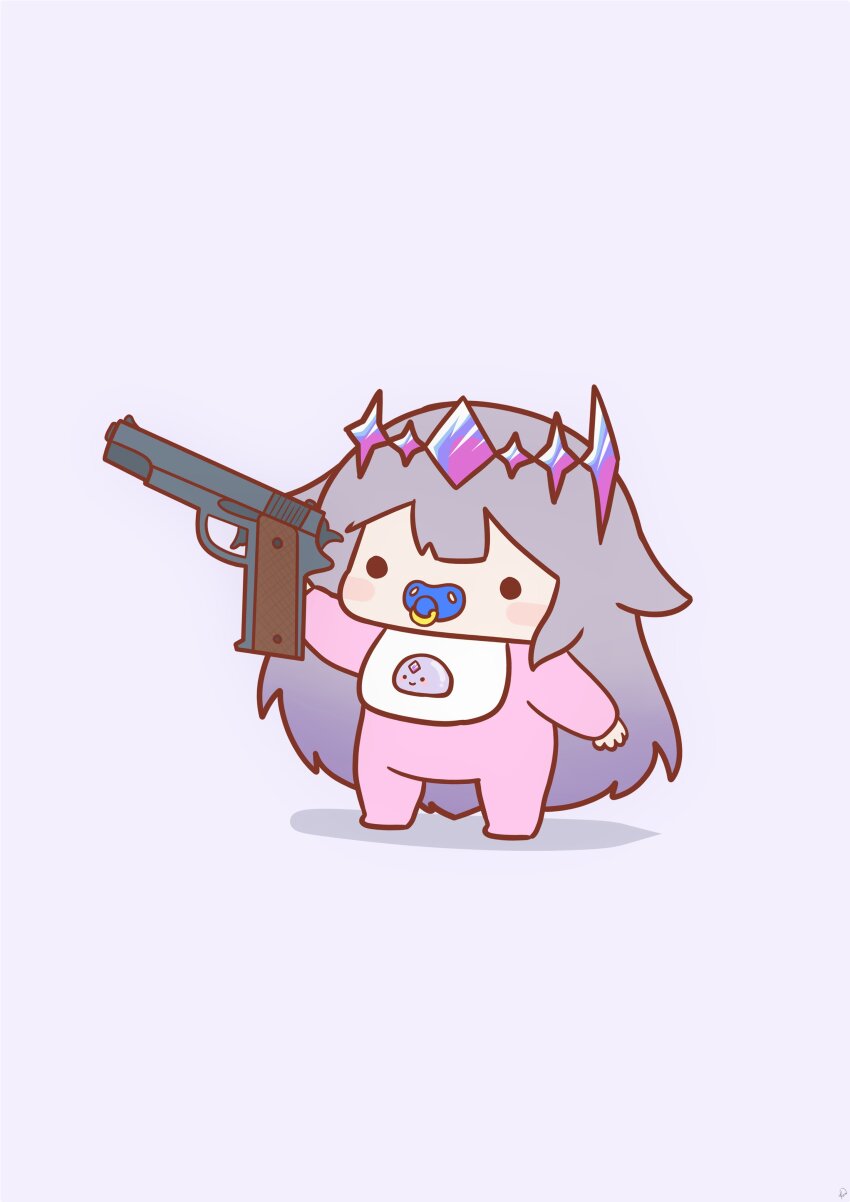 1girl absurdres baby bib blush chibi full_body gem gradient_hair gun handgun highres holding holding_gun holding_weapon hololive hololive_english koseki_bijou long_hair m1911 multicolored_hair onesie pacifier pebble_(koseki_bijou) phdpigeon aiming simple_background solid_circle_eyes solo standing tiara very_long_hair virtual_youtuber weapon white_background