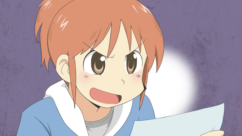 1girl arawi_keiichi_(style) brown_eyes brown_hair city_(arawi_keiichi) close-up grey_shirt holding holding_paper hood hood_down hoodie light_blush nagumo_midori official_style open_mouth paper ponytail readybug shirt short_hair short_ponytail sidelocks smile solo