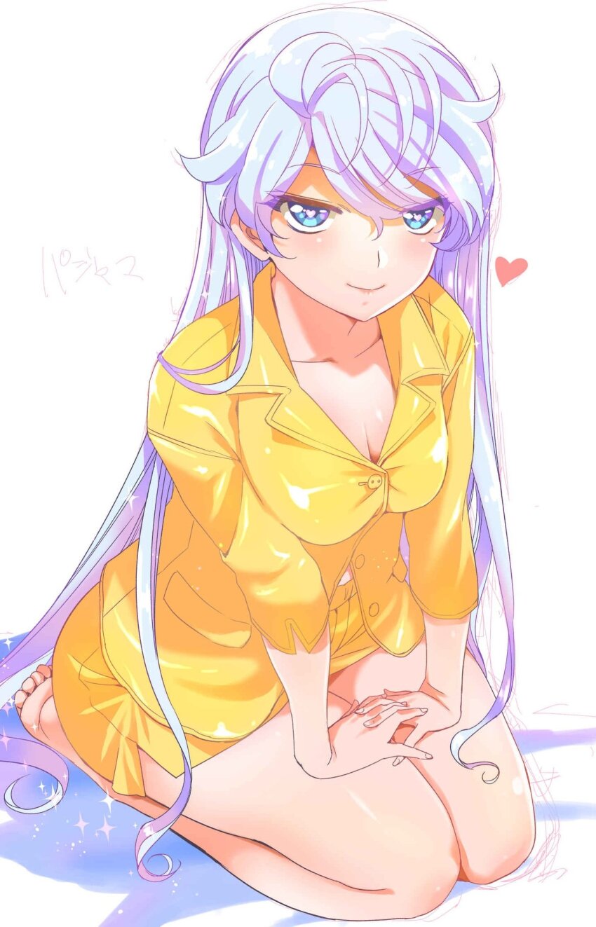 1girl barefoot blue_eyes blush boku_no_kanojo_wa_sasuga_desu. breasts cleavage commentary_request full_body heart highres inoue_sora long_hair looking_at_viewer medium_breasts pajamas sasuga_ayame seiza sitting smile solo toes very_long_hair white_hair