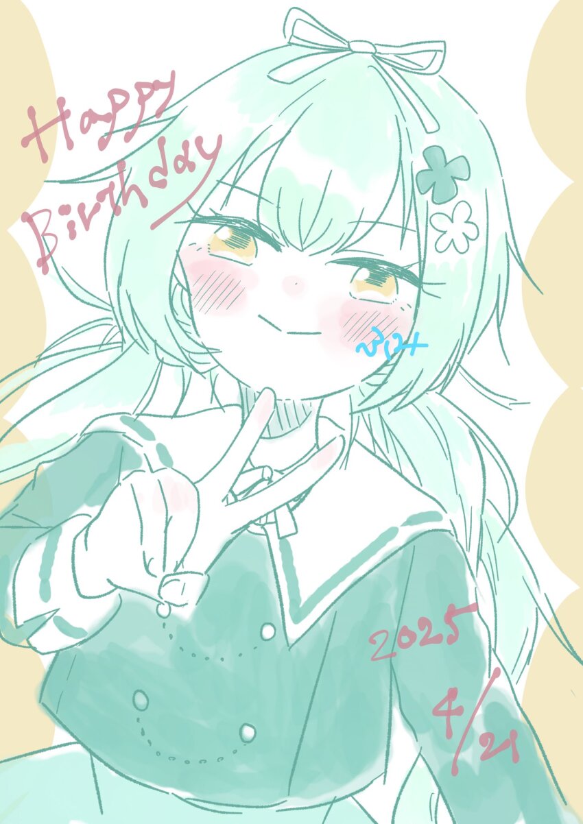 1girl :&gt; artist_name assault_lily black_flower blush buttons closed_mouth commentary_request dated flower fumi_(fumifumi3axl) green_hair green_jacket green_skirt hair_flower hair_ornament hair_ribbon hand_up happy_birthday highres jacket long_sleeves looking_at_viewer low_twintails neck_ribbon ribbon school_uniform skirt smile solo twintails two-tone_background ueda_imari upper_body v white_background white_flower white_ribbon yellow_background yellow_eyes