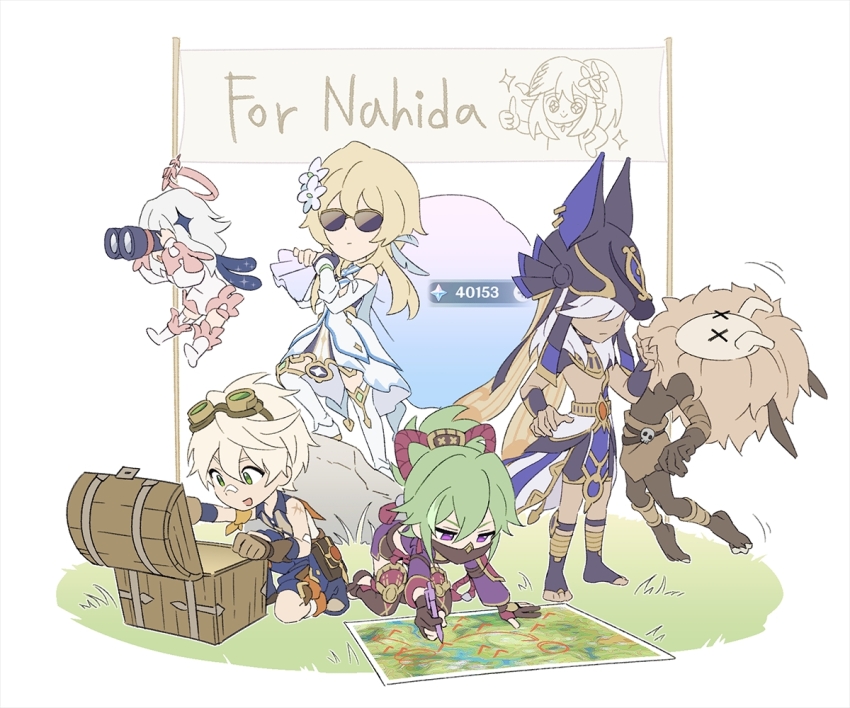 2boys 3girls angduuuu_(ghost) bennett_(genshin_impact) binoculars black_choker black_hat blonde_hair chibi choker closed_mouth commentary cyno_(genshin_impact) dark-skinned_male dark_skin dress english_commentary english_text flower genshin_impact goggles goggles_on_head grass green_hair hair_flower hair_ornament halo hat hilichurl_(genshin_impact) holding holding_binoculars holding_sack japanese_clothes kneeling kuki_shinobu lumine_(genshin_impact) map multiple_boys multiple_girls nahida_(genshin_impact) paimon_(genshin_impact) primogem purple_eyes rock sack shorts sign standing sunglasses treasure_chest white_dress x_x
