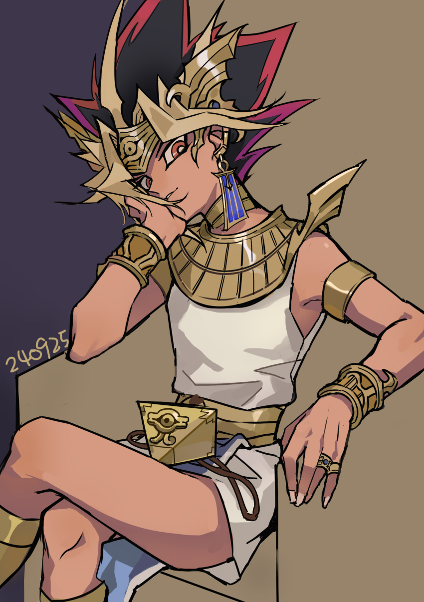 1boy absurdres ancient_egyptian ancient_egyptian_clothes armlet atem blonde_hair blue_background bracelet brown_background chinese_commentary choker circlet commentary crossed_legs dark-skinned_male dark_skin colored_bangs earrings eye_of_horus gold_armlet gold_bracelet gold_choker gold_circlet gold_ring hand_on_own_cheek hand_on_own_face highres jewelry jingshen_fensui looking_at_viewer male_focus millennium_puzzle multicolored_hair pharaoh red_eyes ring saka_nagiya shendyt simple_background sitting solo spiked_hair two-tone_background yu-gi-oh! yu-gi-oh!_duel_monsters