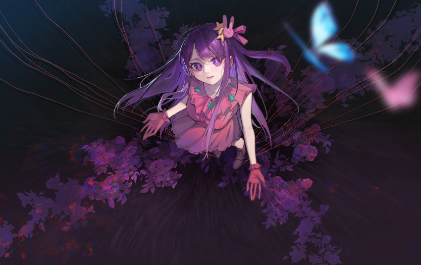 1girl absurdres animal_ears bug butterfly chinese_commentary commentary_request detached_sleeves dress gloves hair_ornament highres hoshino_ai insect long_hair looking_at_viewer looking_up one_side_up open_mouth oshi_no_ko pink_dress pink_gloves puppet_strings purple_eyes rabbit_ears ryuukou solo star-shaped_pupils star_(symbol) star_hair_ornament symbol-shaped_pupils