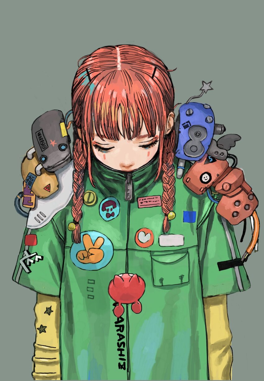 1girl badge braid button_badge covered_mouth eyeshadow facial_mark grey_background hair_bobbles hair_ornament hairclip head_down highres jacket junjunforever layered_sleeves looking_down makeup mechabare original patch pink_hair solo twin_braids upper_body zipper zipper_pull_tab