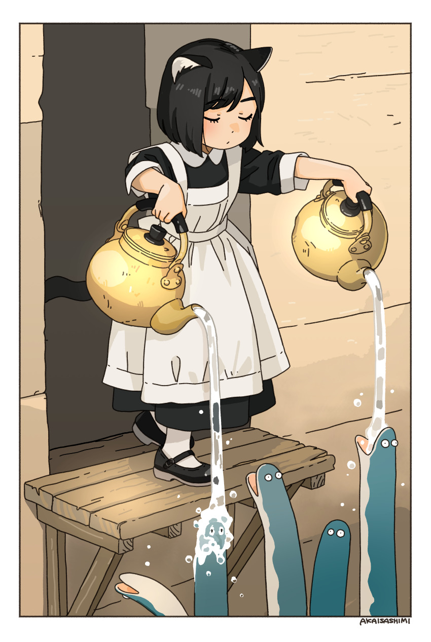 1girl absurdres akai_sashimi animal_ears apron black_dress black_hair black_shoes bob_cut cat_ears cat_girl cat_tail closed_eyes dress eel fish full_body highres holding holding_kettle kettle long_dress mary_janes original pantyhose shoes short_hair short_sleeves solo standing tail water white_apron white_pantyhose