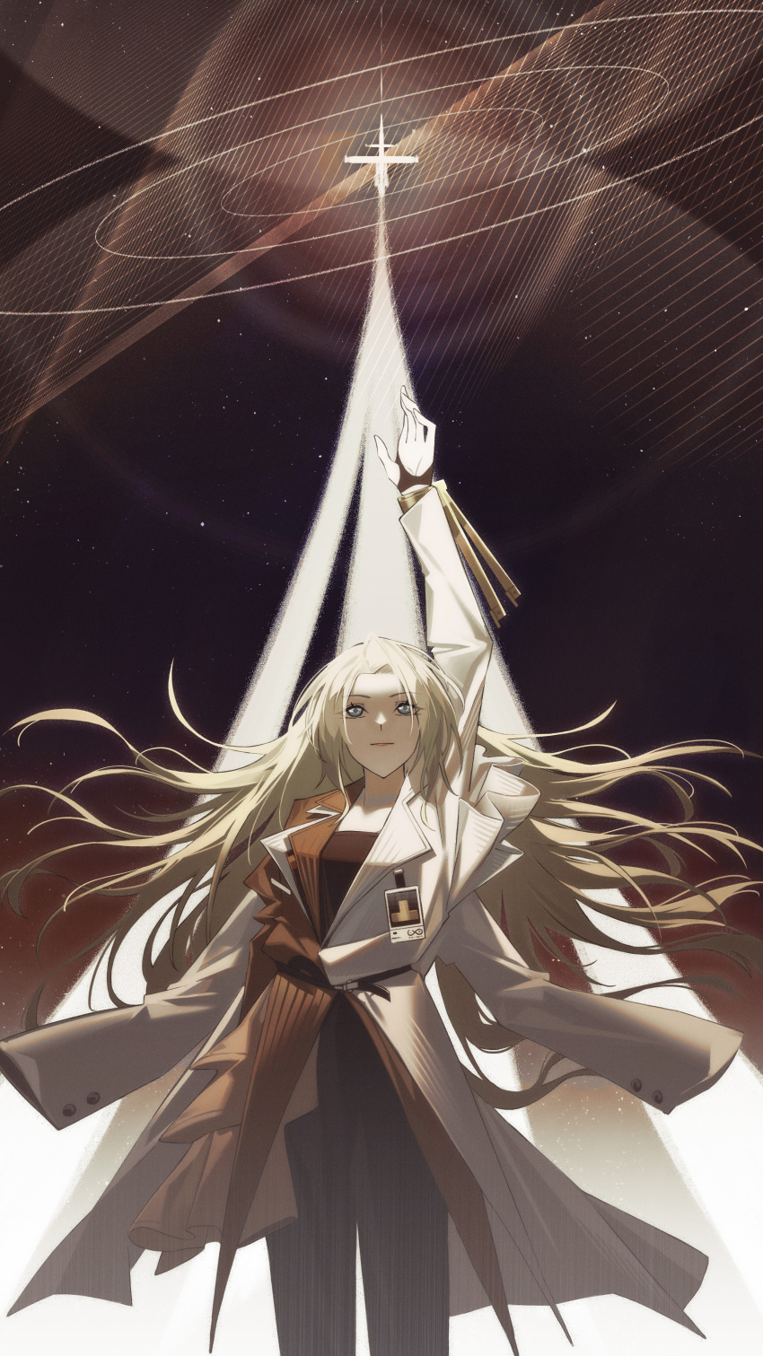 1girl absurdres arknights blonde_hair blue_eyes chinese_commentary commentary commentary_request english_commentary floating_hair h.a.m.h.r.r. hand_up highres kristen_(arknights) lens_flare light_smile long_hair long_sleeves mixed-language_commentary orbital_ring pants smile solo yitiaoyuwe