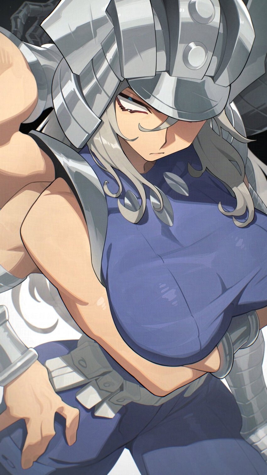 1girl blue_bodysuit bodysuit breasts crossed_arms extra_arms grey_armor grey_hair grey_helmet hata4564 helmet highres large_breasts marvel_vs._capcom marvel_vs._capcom_2 no_pupils sleeveless solo spiral_(marvel)