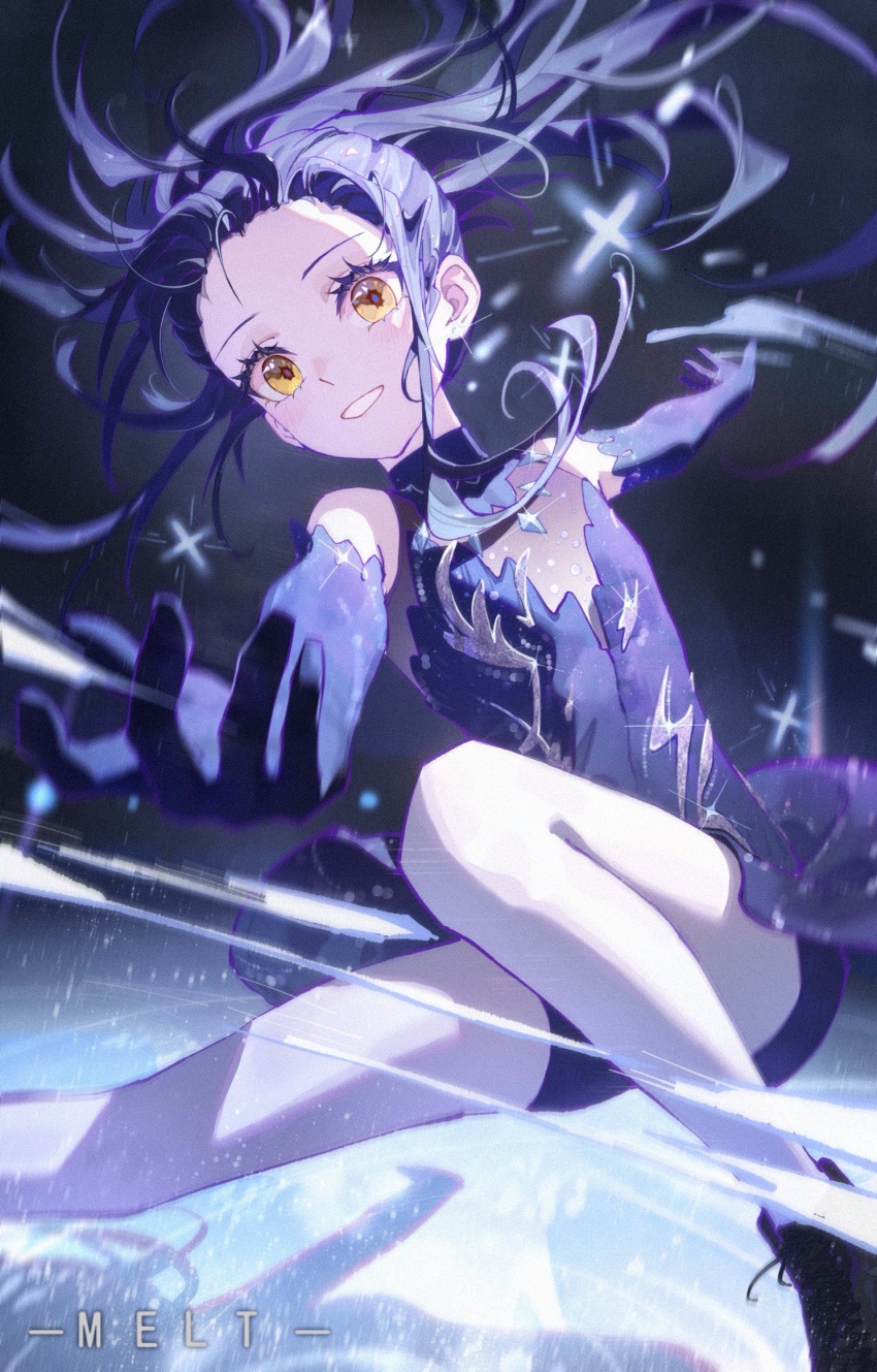 1girl black_dress black_hair dress elbow_gloves figure_skating figure_skating_dress flat_chest gloves highres kamisaki_hikaru long_hair looking_at_viewer medalist_(manga) meirong ponytail smile solo yellow_eyes