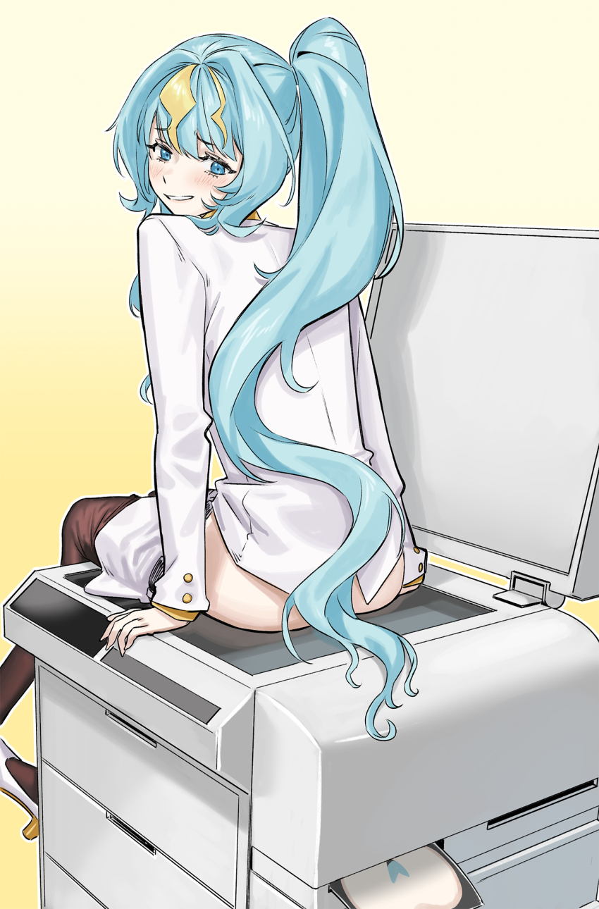 1girl agemmata blonde_hair blue_eyes blue_hair blush bottomless brown_leggings female_pubic_hair from_behind high_heels highres kaminari_clara leggings long_hair multicolored_hair pantyhose phase_connect photocopier photocopying_self ponytail pubic_hair sitting solo streaked_hair virtual_youtuber