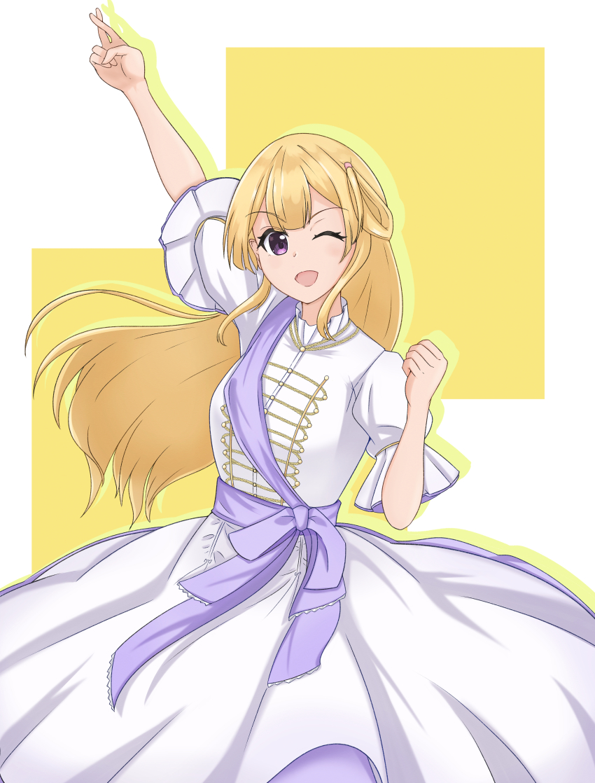 1girl 22/7 ;d absurdres arm_up blonde_hair clenched_hand dress floating_hair fujima_sakura hair_rings highres long_hair looking_at_viewer one_eye_closed one_side_up open_mouth outstretched_arm purple_eyes short_sleeves single_hair_ring smile solo takumitu_711 two-tone_background white_dress