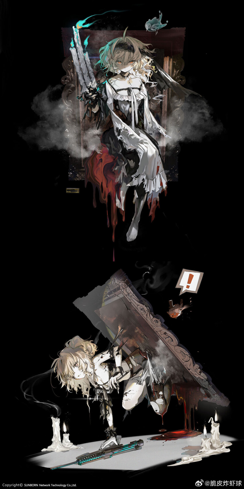 ! 1girl absurdres ahoge apron barefoot bird bird_skeleton black_background black_choker black_dress black_nails black_pantyhose black_tube_top black_veil blonde_hair blood blood_drip blue_fire breasts candle candlestand choker cleavage closed_mouth colored_skin cracked_skin cui_pi_zha_xia_qiu curly_hair dress european_robin feet fingernails fire full_body ghost girls&#039;_frontline grey_eyes gun hair_between_eyes halloween hat highres holding holding_candlestand holding_magazine_(weapon) magazine_(weapon) medium_breasts medium_hair mini_hat mini_top_hat multiple_views official_alternate_costume orange_eyes orange_pupils painting_(object) pale_skin pantyhose parted_lips side_ponytail simple_background single_bare_foot smoke spoken_exclamation_mark sterling_(girls&#039;_frontline) sterling_(perspective_(self-portrait))_(girls&#039;_frontline) sterling_smg strapless submachine_gun toes top_hat torn_apron torn_clothes torn_dress torn_pantyhose transparent_background tube_top veil watermark weapon weibo_username weibo_watermark white_apron white_skin