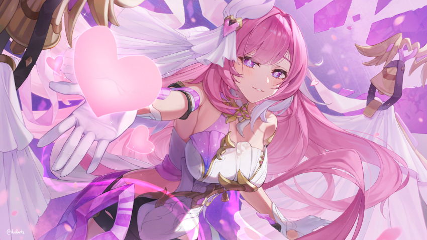 1girl absurdres breasts diamond-shaped_pupils diamond_(shape) dress dvdarts elysia_(herrscher_of_human:_ego)_(honkai_impact) elysia_(honkai_impact) gloves hair_ornament heart highres honkai_(series) honkai_impact_3rd large_breasts long_hair pink_hair purple_eyes solo symbol-shaped_pupils upper_body very_long_hair white_dress white_gloves