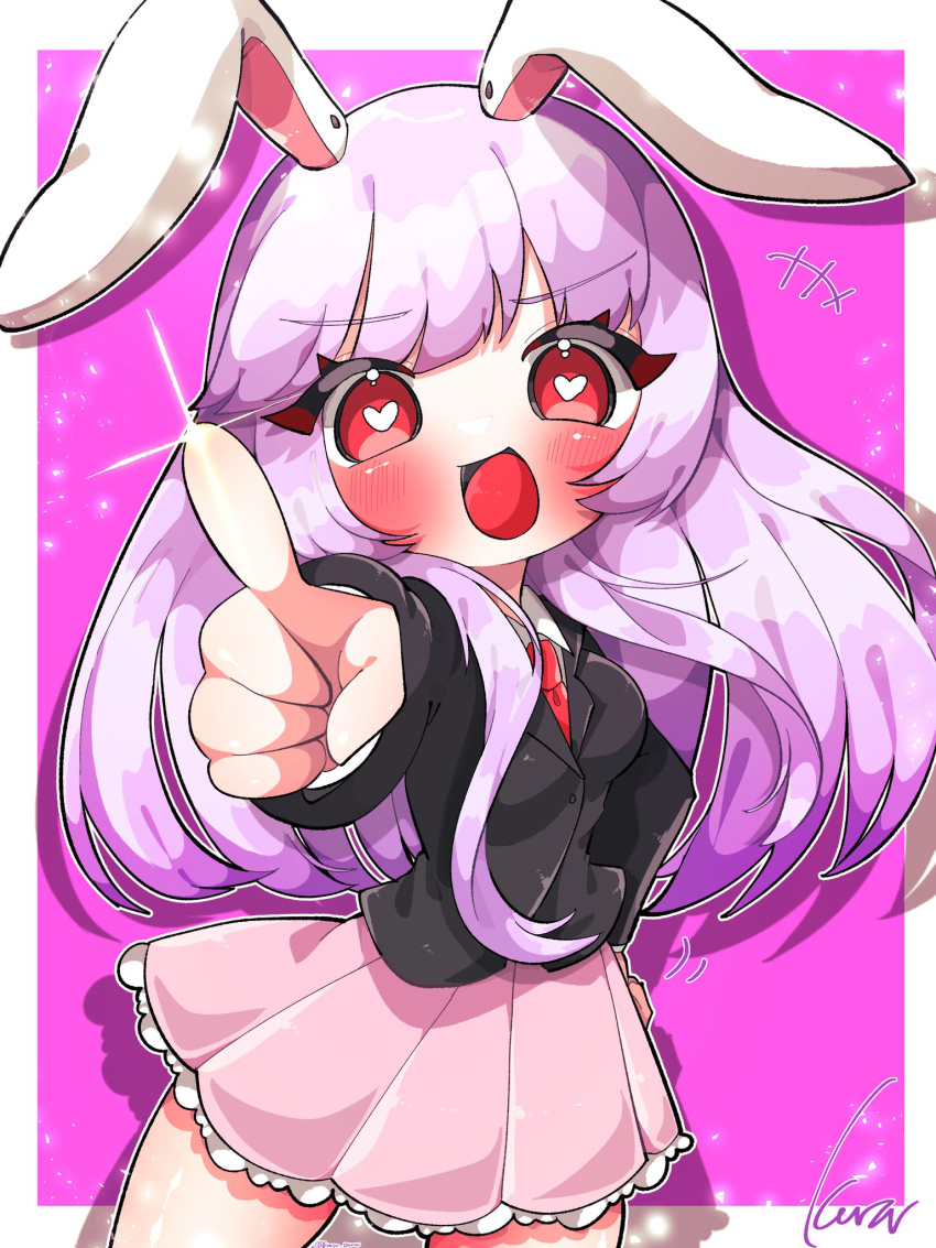 1girl animal_ears black_jacket blazer blush border breasts commentary dress_shirt heart heart-shaped_pupils highres jacket komugi_zora long_hair medium_breasts necktie outside_border pink_background pink_skirt pleated_skirt pointing pointing_at_viewer purple_hair rabbit_ears rabbit_girl red_eyes red_necktie reisen_udongein_inaba shirt signature skirt smile solo straight_hair symbol-only_commentary symbol-shaped_pupils thighs touhou white_border white_shirt