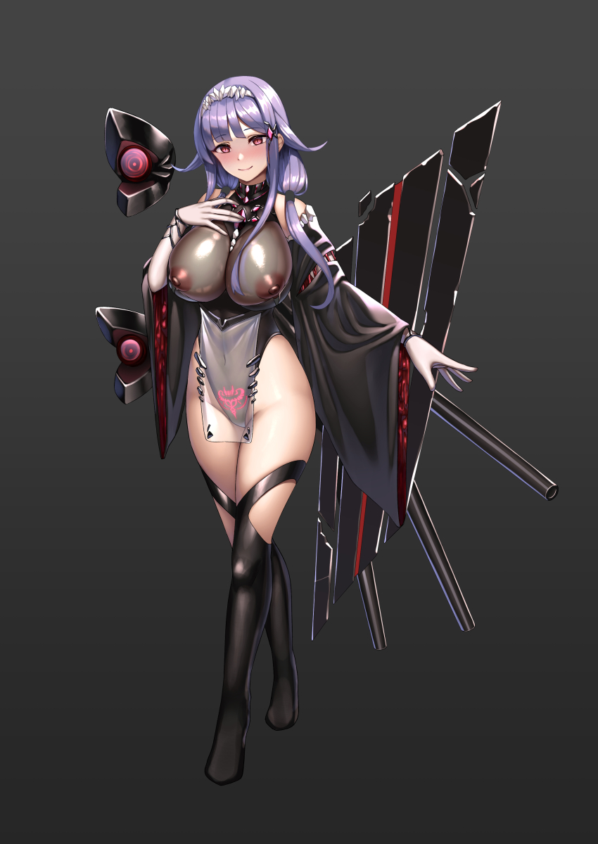 1girl absurdres abyssal_ship breasts cannon corruption dark_persona detached_sleeves full_body glowing_tattoo hair_flaps hair_ornament highres kantai_collection large_breasts leotard long_hair looking_at_viewer low_twintails miyashiro_ryuutarou nipples pubic_tattoo purple_hair red_eyes ryuuhou_(kancolle) ryuuhou_kai_ni_(kancolle) see-through_clothes slit_pupils smile solo taigei_(kancolle) tattoo twintails