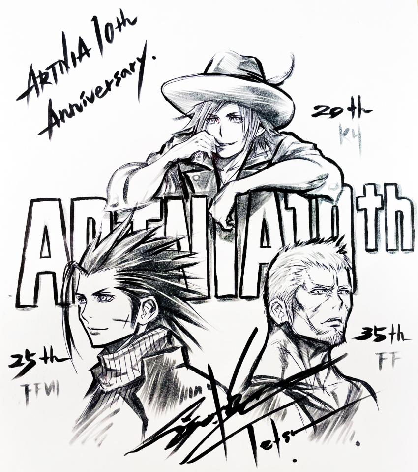 3boys anniversary antenna_hair brain_(kingdom_hearts) company_connection crisis_core_final_fantasy_vii cross_scar final_fantasy final_fantasy_vii greyscale hat hat_feather highres jack_garland kingdom_hearts kingdom_hearts_x monochrome multiple_boys nomura_tetsuya official_art scar sketch stranger_of_paradise:_final_fantasy_origin third-party_source upper_body zack_fair