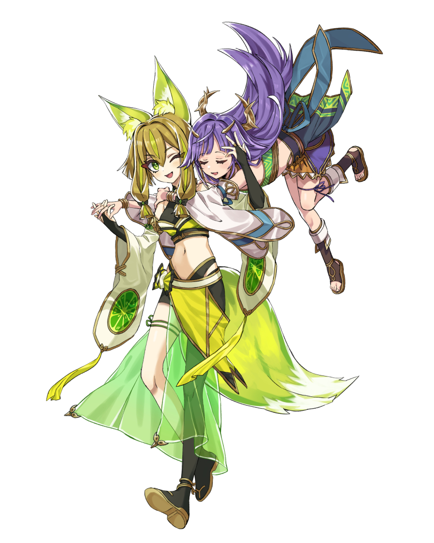 2girls absurdres animal_ear_fluff animal_ears asymmetrical_legwear blonde_hair braid breasts closed_eyes detached_sleeves duel_monster falling fox_ears fox_girl fox_tail green_eyes hair_ornament hand_to_hand highres hu-li_the_jewel_mikanko hug ib_(yu-gi-oh!) japanese_clothes kaichou_(homehome_h) mandarin_orange_slice medium_breasts midriff multiple_girls navel one_eye_closed purple_hair simple_background tail thigh_strap thighs twin_braids white_background yu-gi-oh!