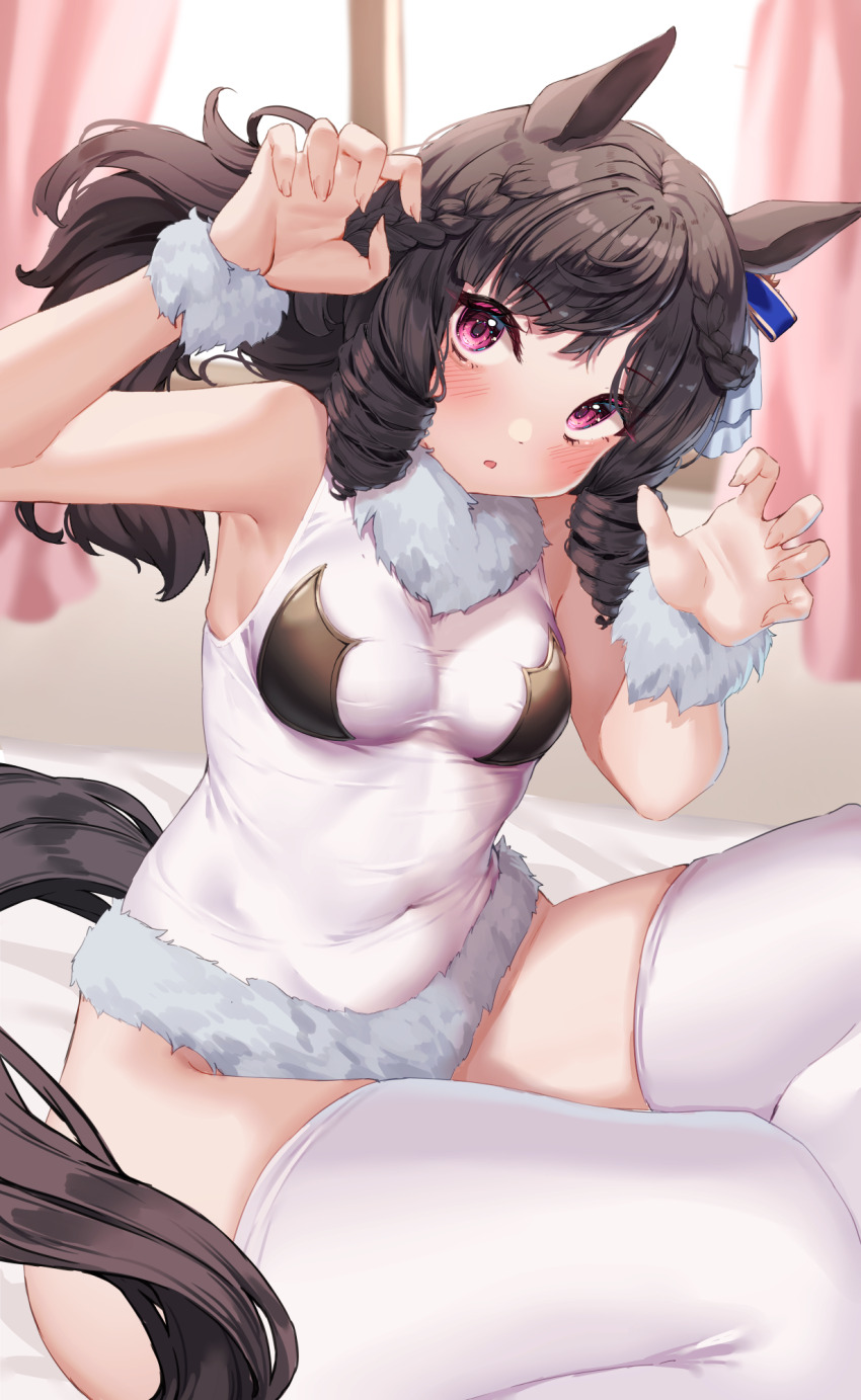 1girl animal_ears armpits arms_up bare_shoulders bed blurry blurry_background blush breasts brown_hair claw_pose commentary_request covered_navel curtains daiichi_ruby_(umamusume) drill_hair ear_ornament highres horse_ears horse_girl horse_tail indoors leotard long_hair looking_at_viewer on_bed open_mouth plump purple_eyes sitting small_breasts solo tabunshake tail thighhighs umamusume white_thighhighs window