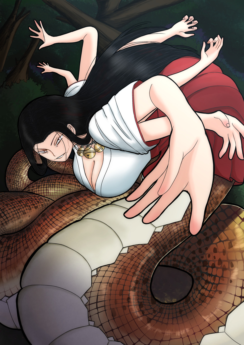 1girl absurdres amanone_yun bell black_hair breasts cleavage dara-san_(reiwa_no_dara-san) extra_arms hakama highres japanese_clothes jingle_bell lamia large_breasts long_hair long_tail miko monster_girl neck_bell red_hakama reiwa_no_dara-san scales snake_girl snake_tail solo tail