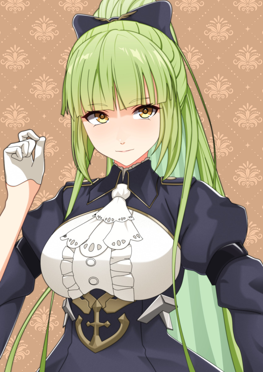 1girl anchor_ornament arm_strap ascot azur_lane blonde_hair blunt_bangs bow center_frills en_go_(kuro_nigiri) frills gloves hair_bow half_gloves hand_up high_ponytail highres ponytail retrofit_(azur_lane) shropshire_(azur_lane) shropshire_(retrofit)_(azur_lane) upper_body yellow_eyes