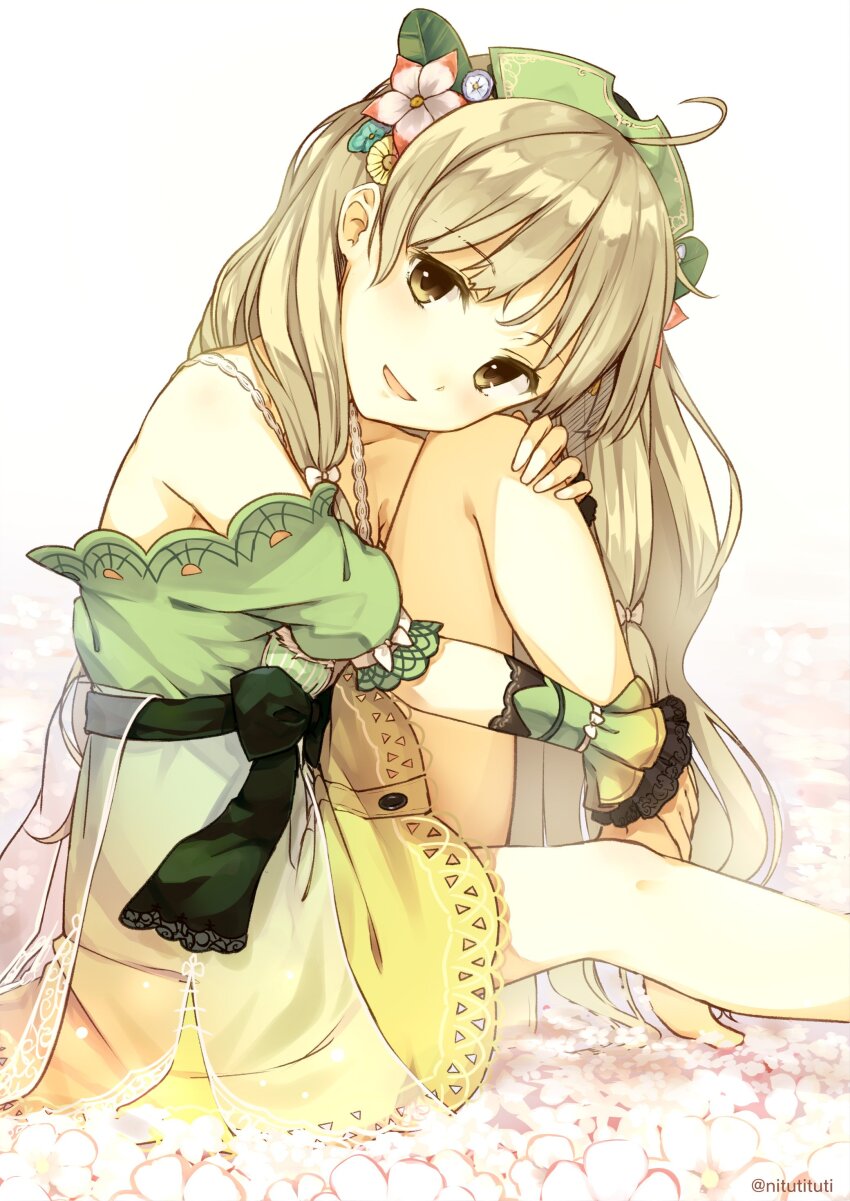 1girl absurdres atelier_(series) atelier_ayesha ayesha_altugle bare_shoulders blonde_hair brown_eyes commentary_request dress field floral_print flower flower_field from_side green_dress green_hat hair_flower hair_ornament hat highres hugging_own_legs knee_up long_hair looking_at_viewer off-shoulder_dress off_shoulder open_mouth pink_flower sitting smile solo tsuchikure twitter_username wrist_cuffs